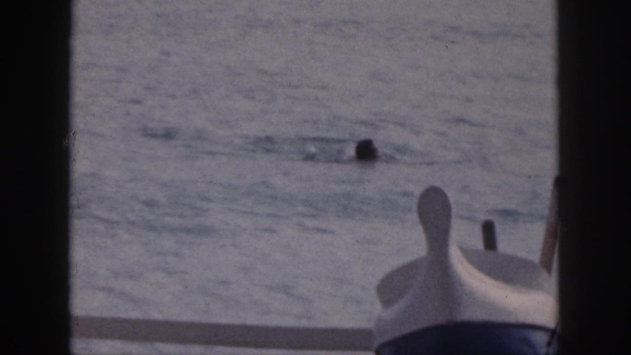 Two distant swimmers in ocean water with the bow of a small boat at right.