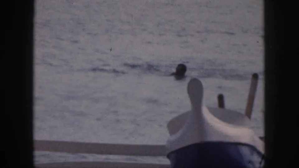 1959 Hawaii home-movie frame with a distant swimmer beyond the bow of a small boat in open water.