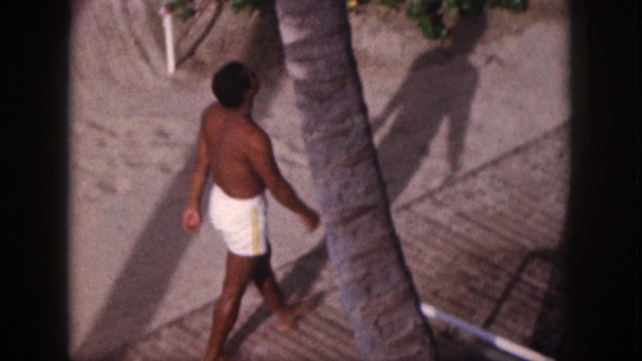 1959 Hawaii home-movie frame showing a shirtless man in white swim trunks walking on a sunlit tropical path near a palm tree.