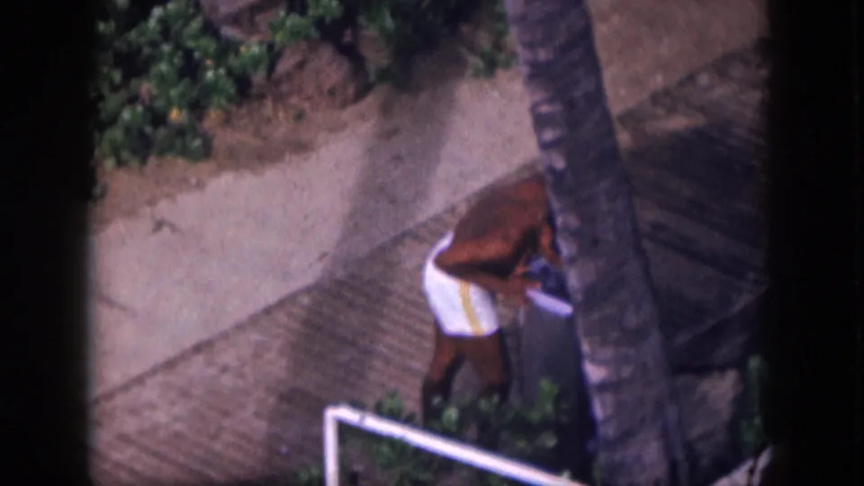 1959 Hawaii home-movie frame of the man drinking at the fountain, partly obscured by a palm trunk and foreground rail.