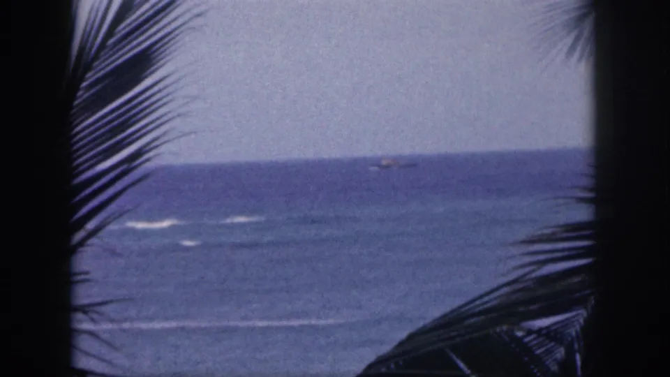 1959 Hawaii frame of a wide ocean view with distant boats, pale surf, palm leaves, and the dark rounded edges of 8mm footage.