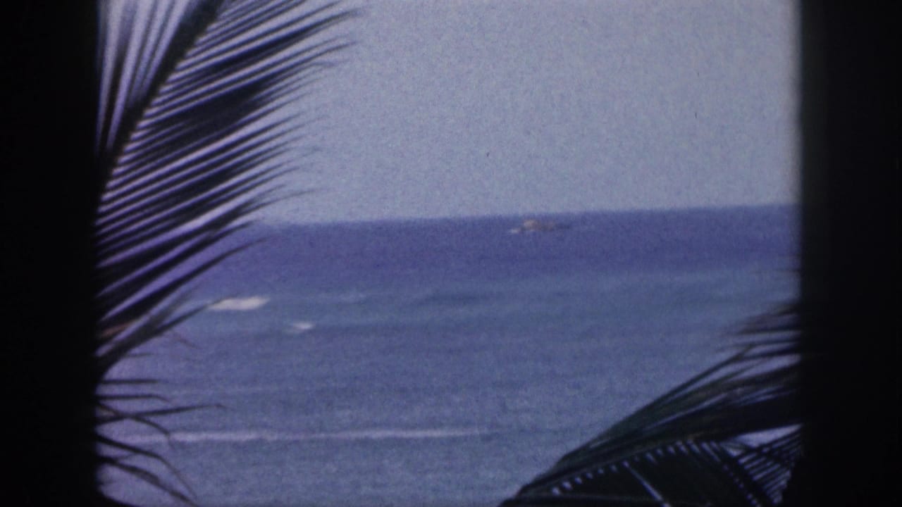 1959 Hawaii 8mm frame with dark palm fronds in the foreground and a small ship offshore on rough blue water.