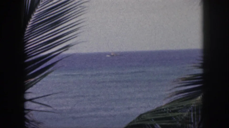 1959 Hawaii 8mm frame showing a shaded palm foreground and calm blue ocean, with a small boat far out near the horizon.