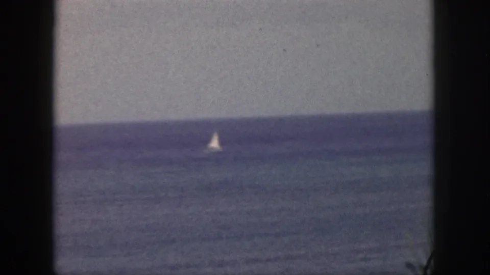 1959 Hawaii frame showing the sailboat as a small white shape on the ocean, with a palm frond and dark border in the foreground.