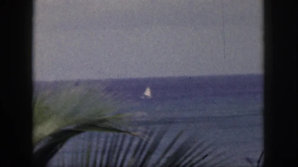 1959 Hawaii 8mm frame with a small white sailboat on blue water and palm fronds crossing the lower foreground.