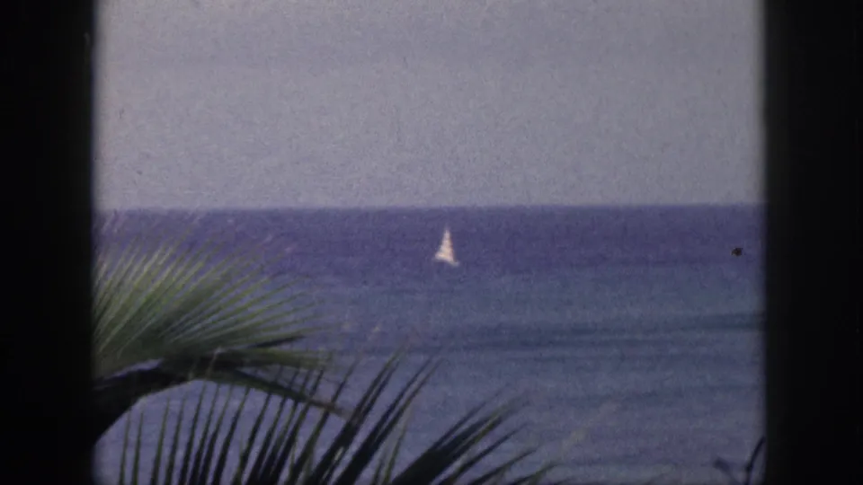 1959 Hawaii 8mm frame showing a small sailboat on blue water, with palm leaves and dark film or window edges in front.