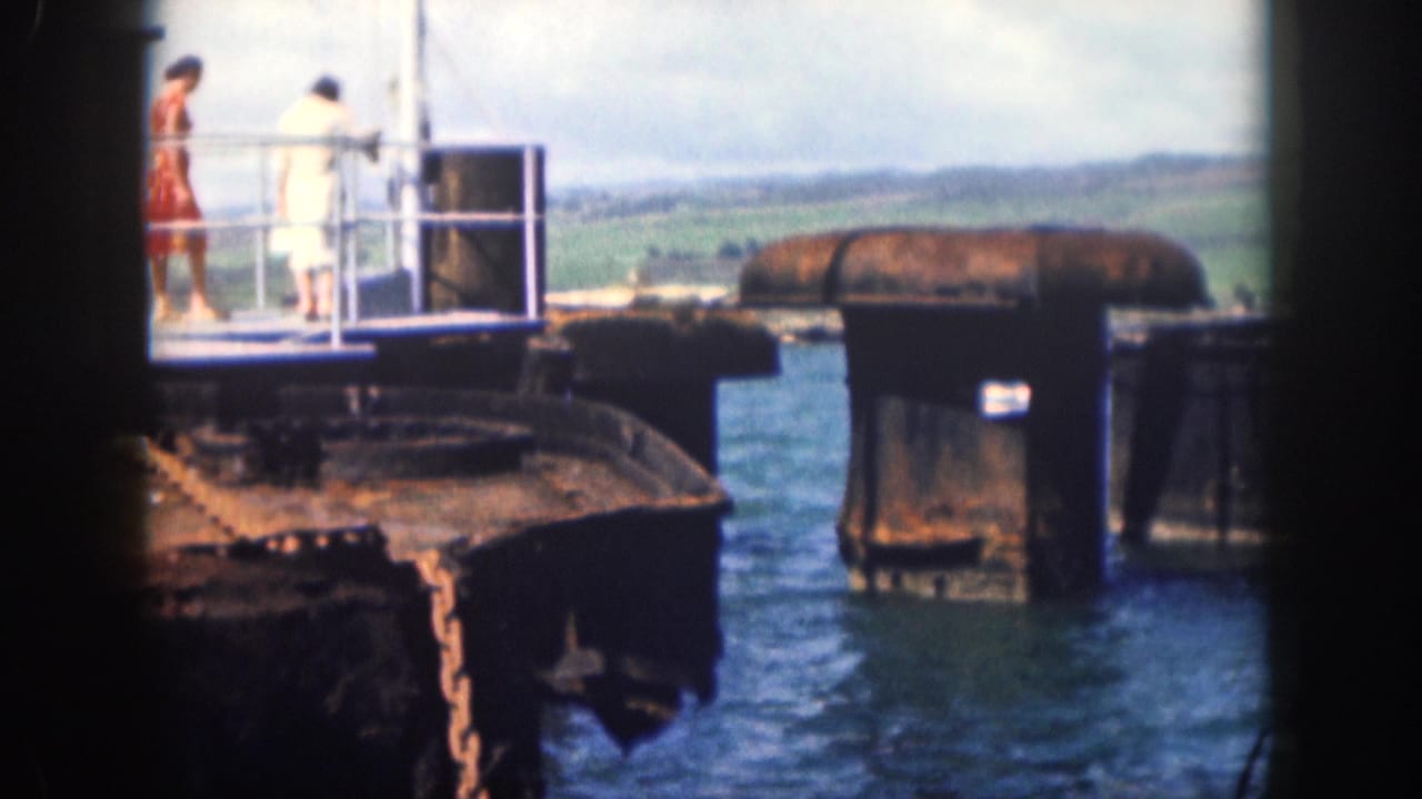 1959 Hawaii waterfront scene with two adults on a metal pier platform, blue water, rusted supports, and distant hills.