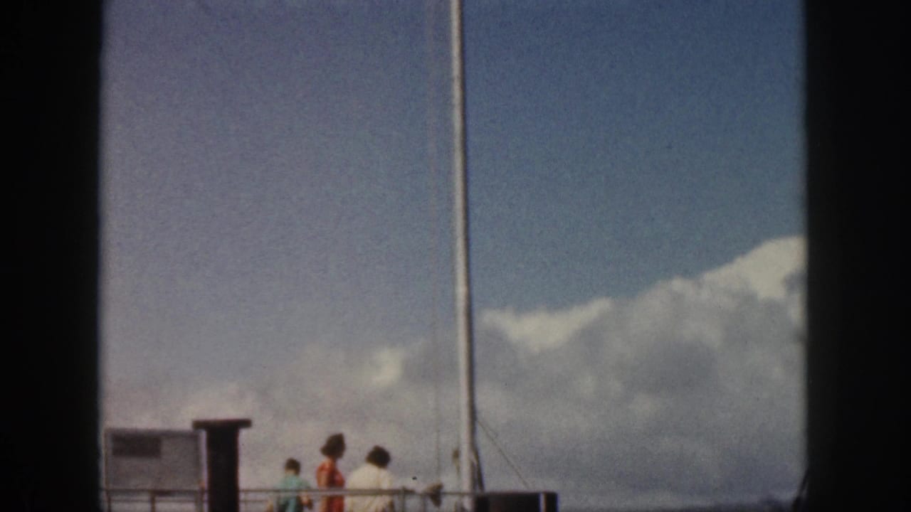 Small group near a dock railing with a flagpole and clouds above the water.