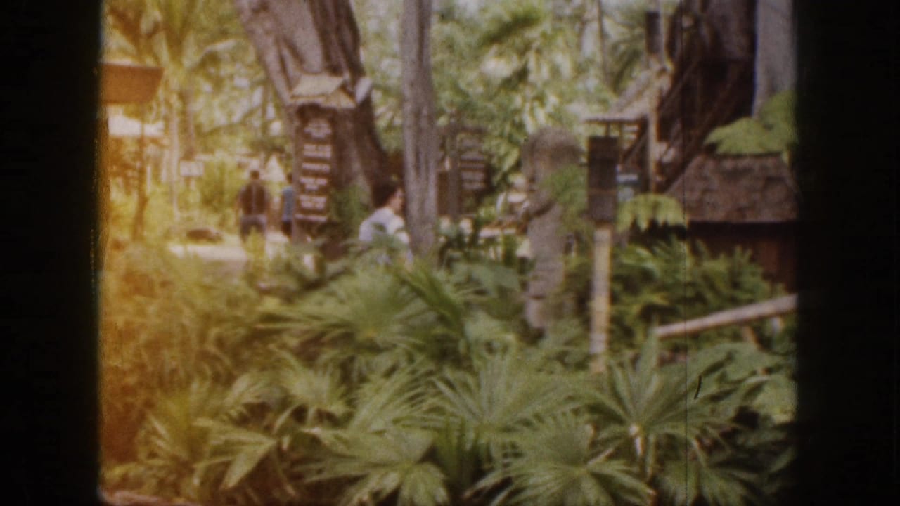 1959 Hawaii home-movie frame showing visitors among palm fronds, ferns, wooden signs, and rustic garden structures.