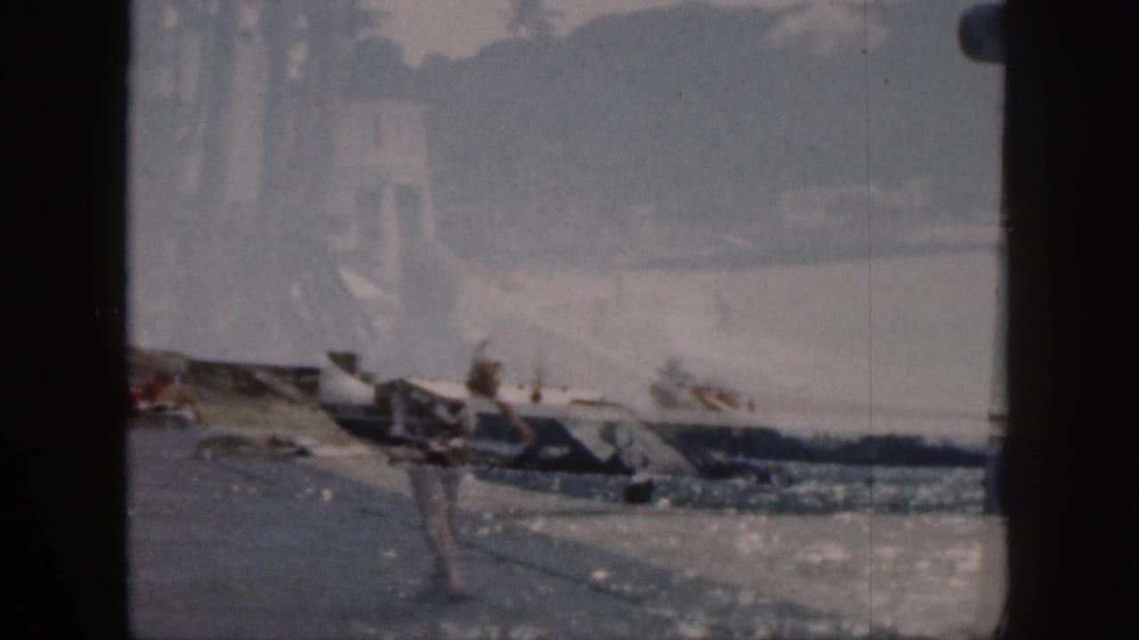 Man walking on a waterfront promenade with boats and hazy hills behind him.