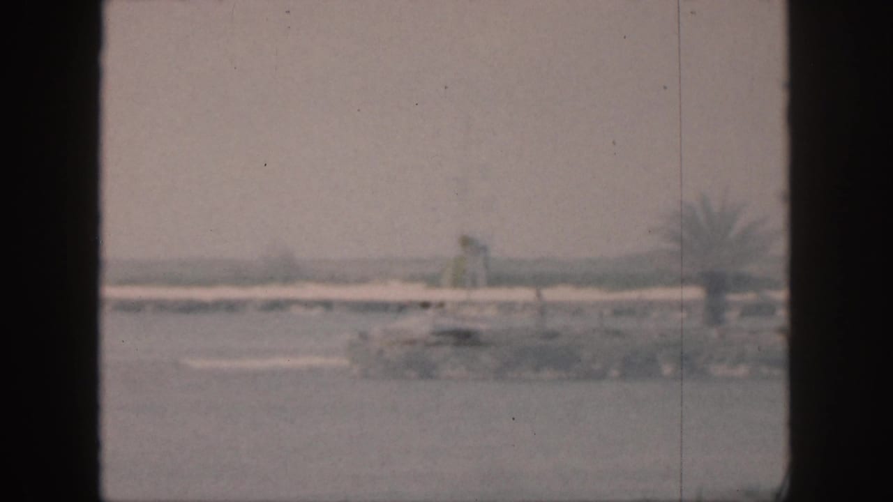 1959 Hawaii 8mm frame showing calm water, a low shoreline and a blurred palm tree in a hazy coastal view.