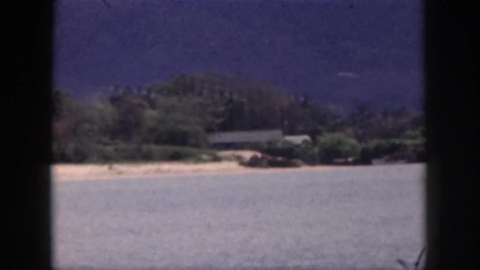 1959 Hawaii coastal frame with blue water, pale beach, tropical shrubs, tall trees, and a misty mountain beyond.