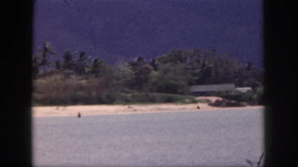 1959 Hawaii home-movie frame showing calm coastal water, a sandy beach, tree-covered shoreline, and a small beachside structure.