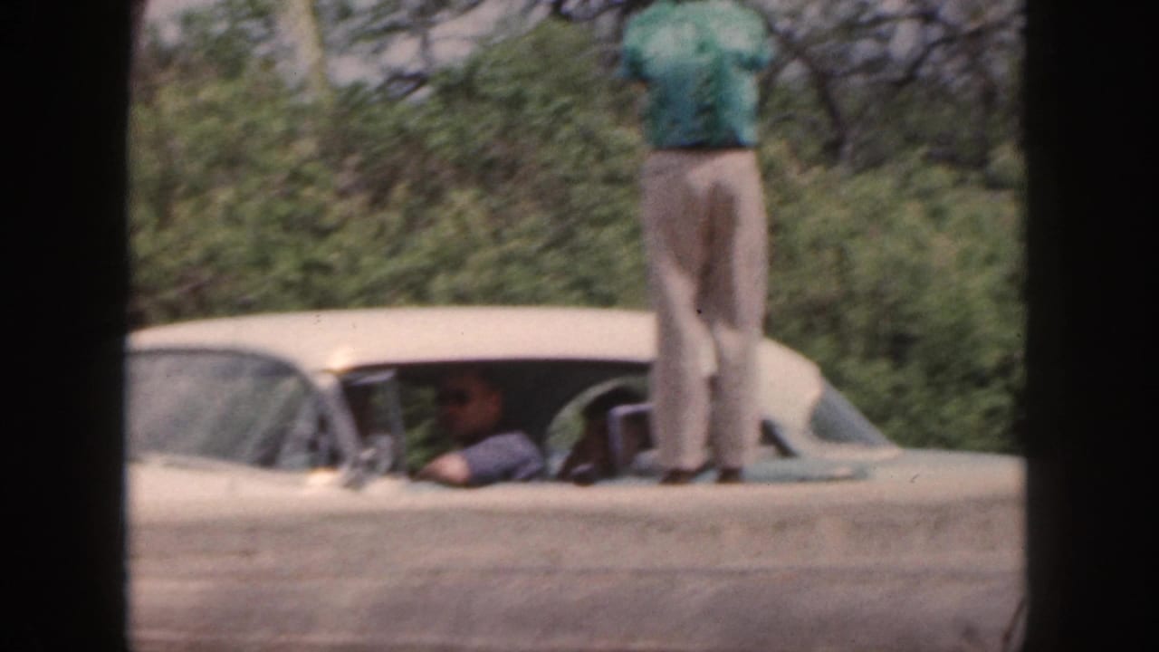 Man standing on the roof of a white car while another person sits inside near roadside trees.