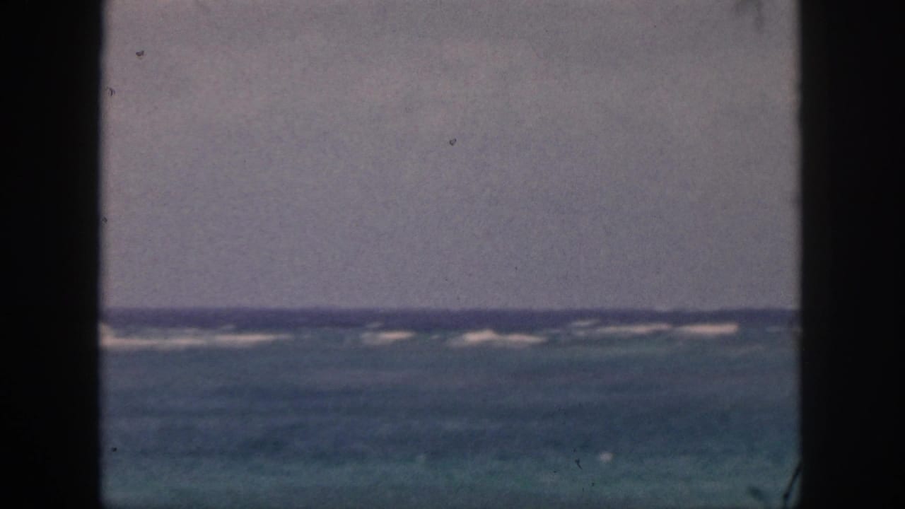 Distant waves breaking under a hazy sky, partly blocked by dark framing.