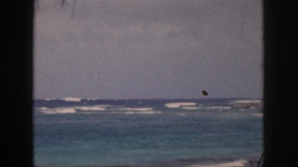 1959 Hawaii ocean view with blue-green water, white surf bands, hazy sky, and a dark foreground frame from the camera position.