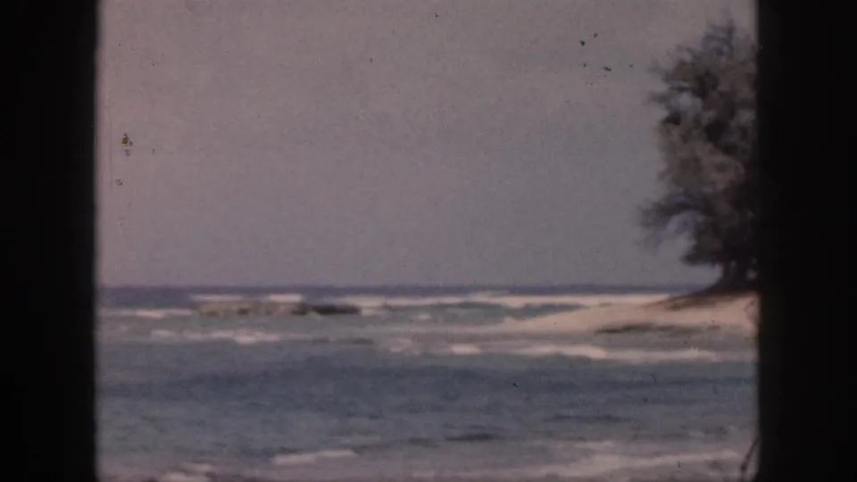 1959 Hawaii shoreline frame showing low surf, sand, distant water, and a dark vertical film border near coastal trees.
