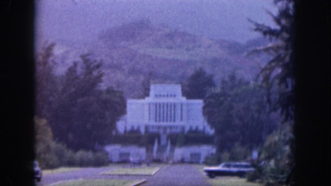 White landmark building framed by trees, with a road and classic cars in the foreground.