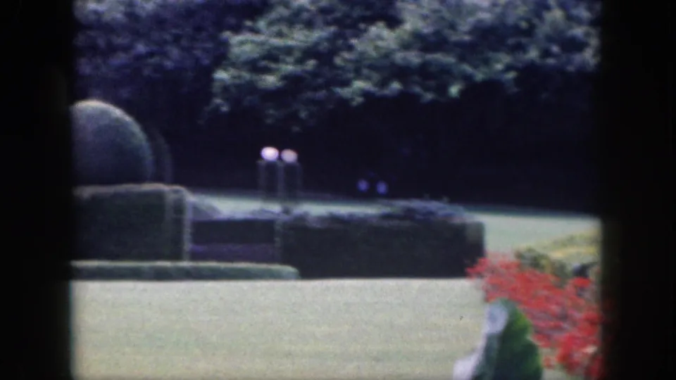 1959 Hawaii 8mm frame showing a manicured lawn, dark hedge, red flowers, and a low stone or fountain-like garden feature.