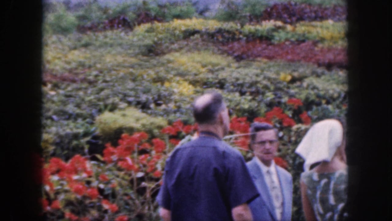 Adults stand beside red flowers and hillside garden rows, viewed through a dark vertical border.