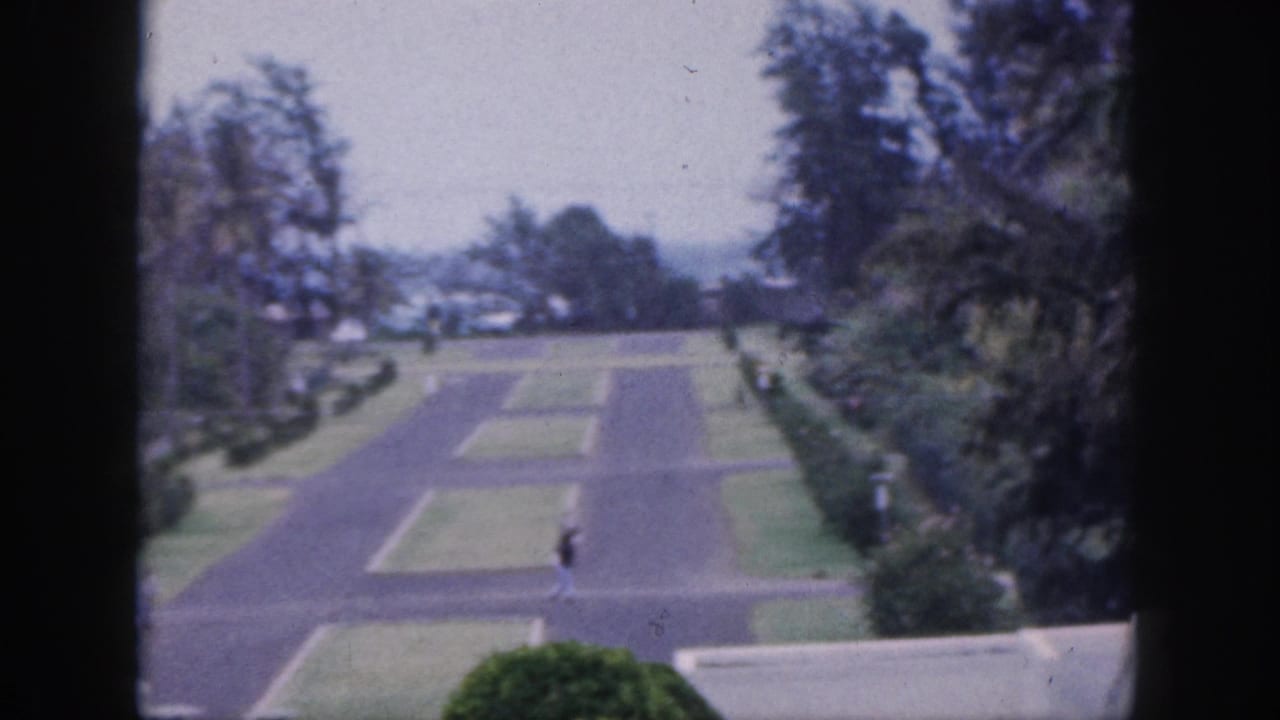 1959 Hawaii 8mm frame showing an elevated view of a broad landscaped path with lawns, trees, distant cars, and one small walker.