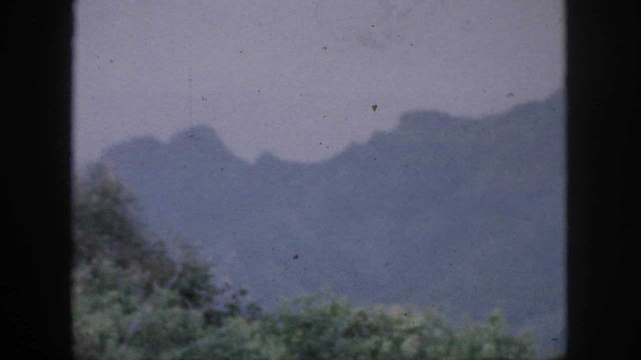Mountain silhouettes and treetops seen through a vertical window opening.