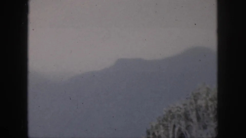 1959 Hawaii 8mm still showing a blurred mountain silhouette, foreground tree tops, muted sky, and the dark central edge of a window frame.