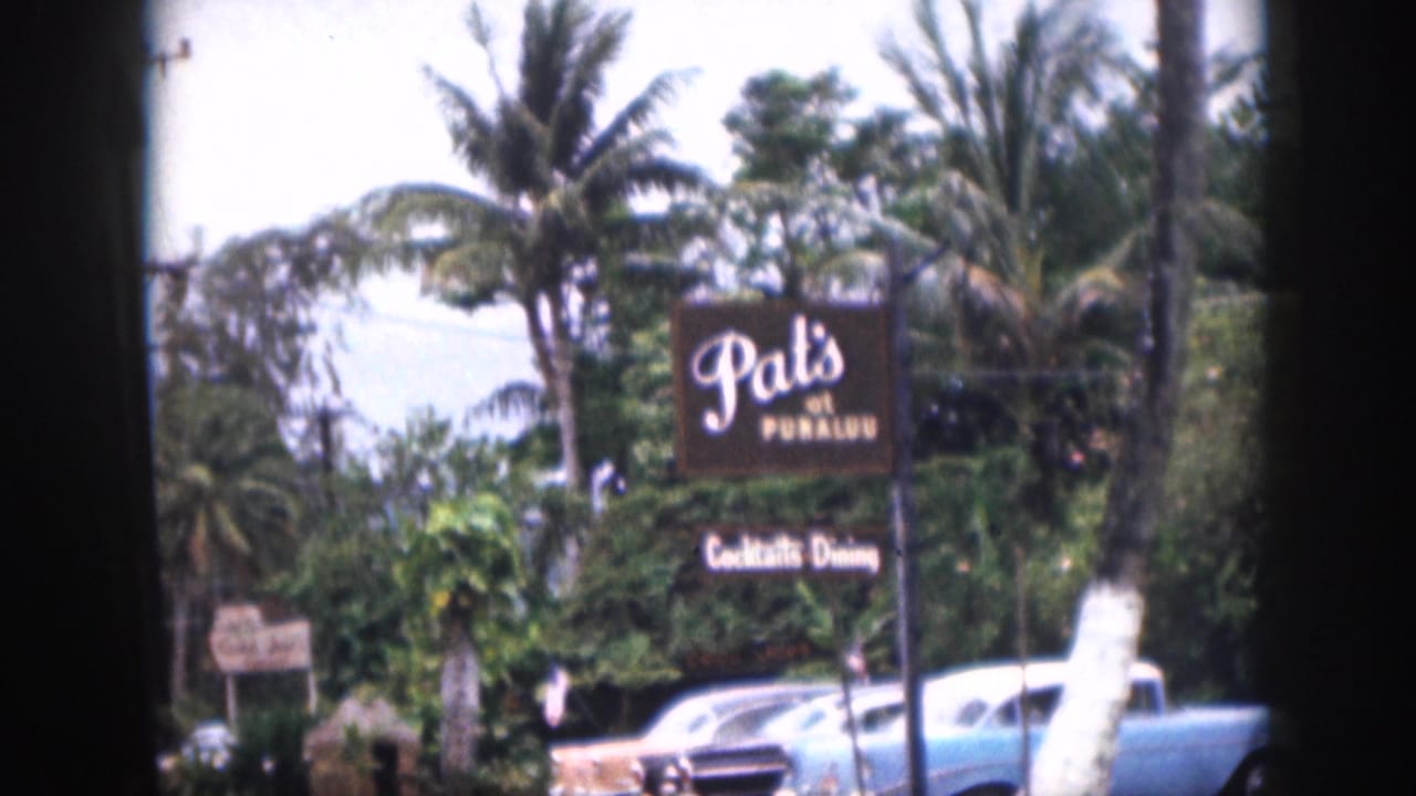 1959 Hawaii roadside scene showing the Pat's at Punaluu sign, palm trees, vegetation, and older parked cars.
