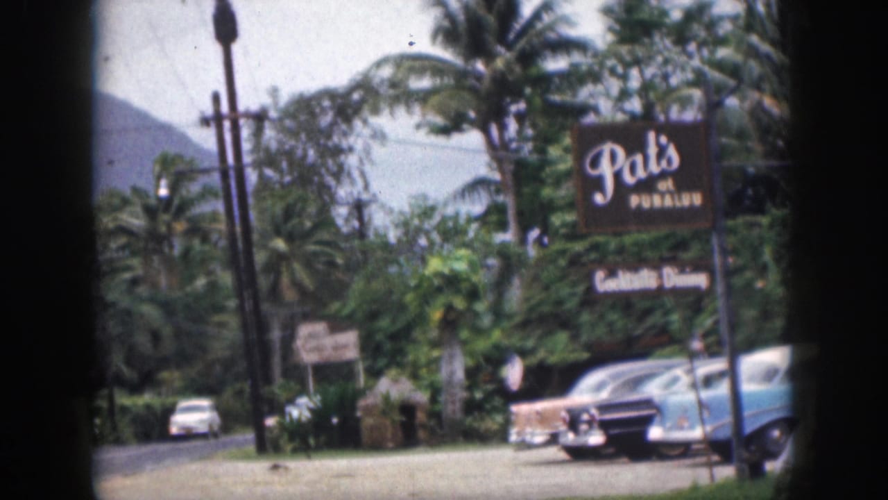 Restaurant sign and parked cars beside dense palms and roadside greenery.