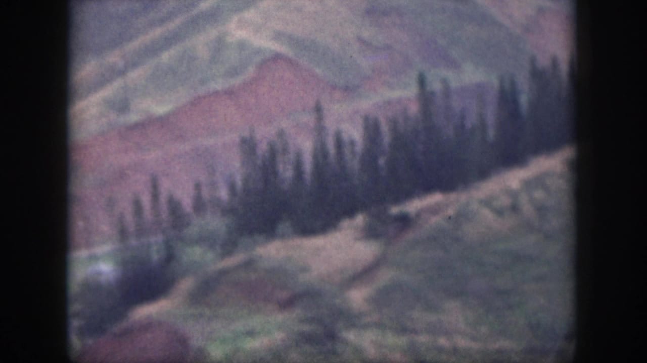 Oahu 1959 home-movie frame showing rolling upland terrain, dark tree growth, and softened mountain ridges.