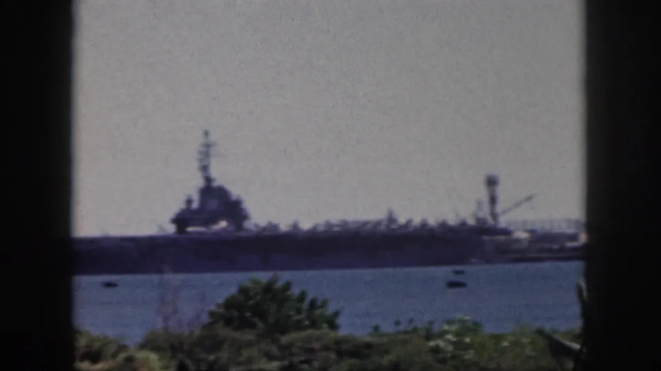A distant naval vessel in Oahu harbor, with small boats on the water and foliage along the lower edge of the frame.