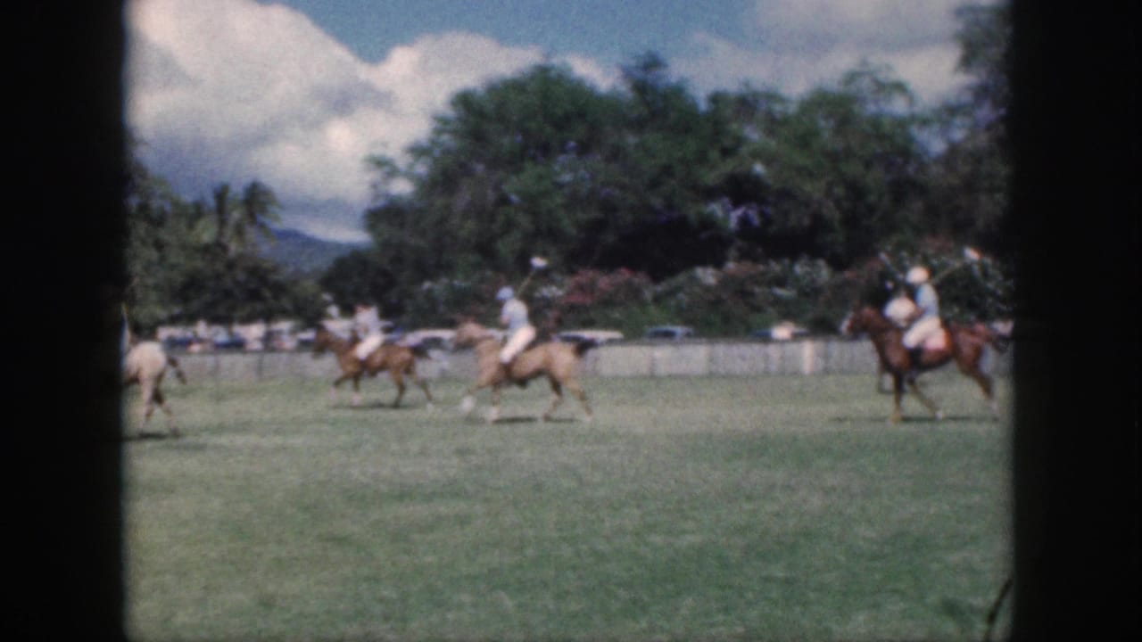 A 1959 Oahu polo match continues in soft 8mm color, with riders, horses, trees, parked cars, and mountains visible.