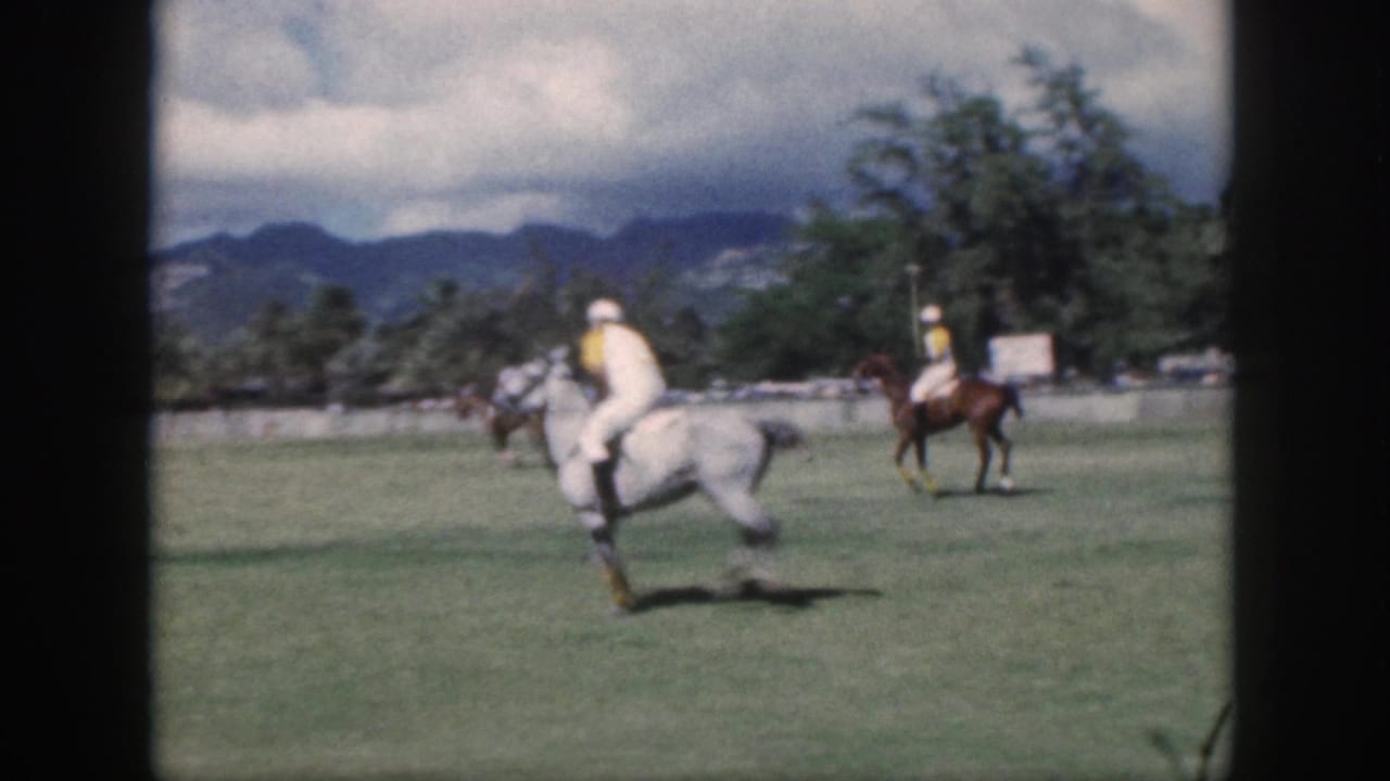 1959 Oahu polo footage with a rider on a gray horse in the foreground and other mounted players near the field edge.