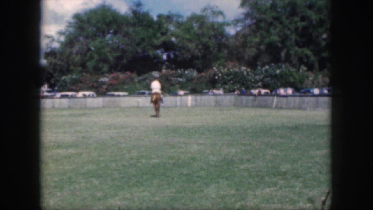 The rider appears farther from the camera on the Oahu grass field, with a low wall, cars, and dense greenery behind.