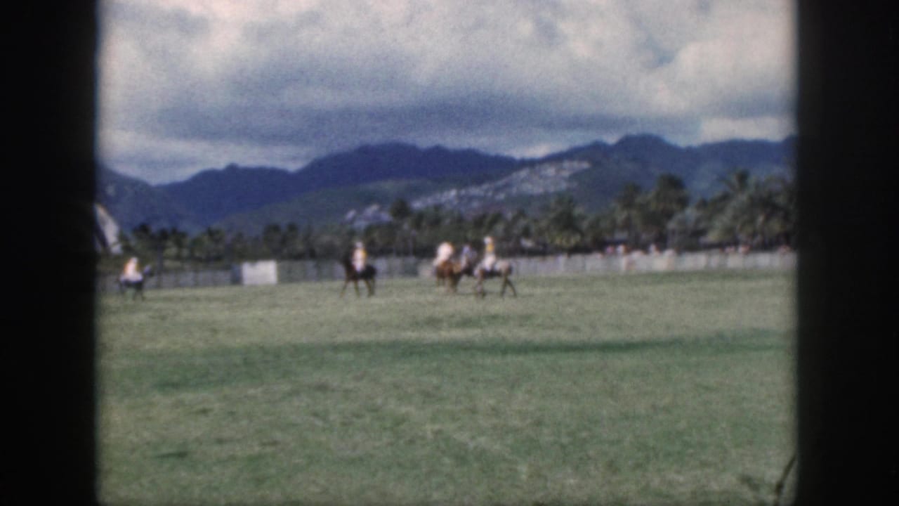 A wider Oahu view shows multiple horseback riders on the green field, with palm trees and distant mountains under clouds.