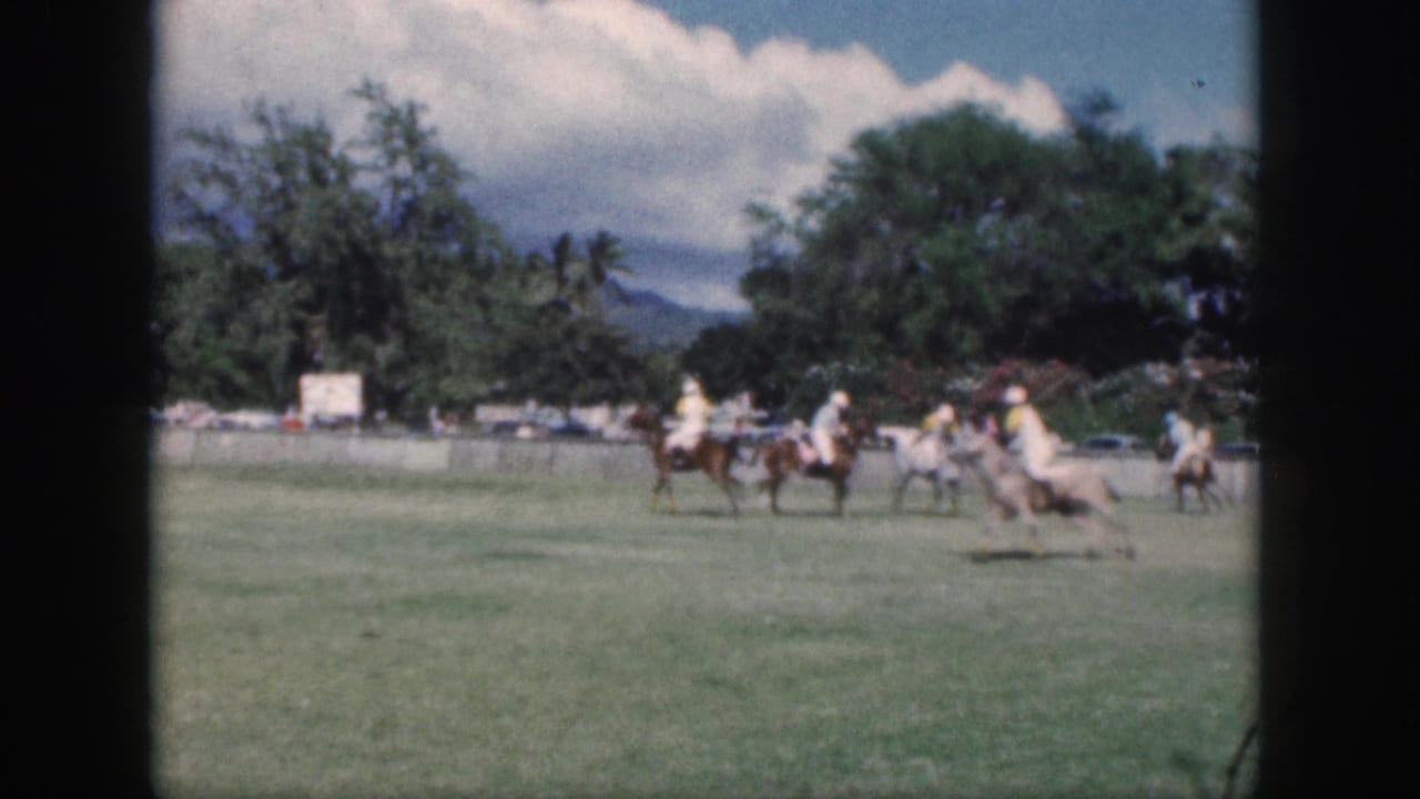 Final Oahu polo frame showing riders moving to the right side of the grassy field, with a pale horse, trees, and clouds visible.