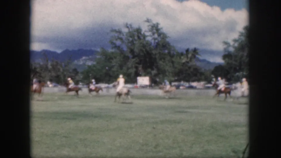 Polo play continues on a broad Oahu field, with riders, horses, palm trees, parked cars, and mountains visible beyond.