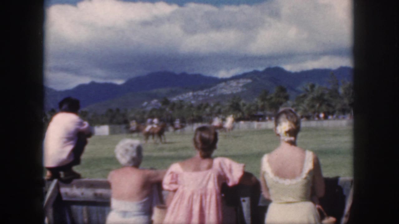 Spectators watch riders on a green field with palms and mountains behind them.