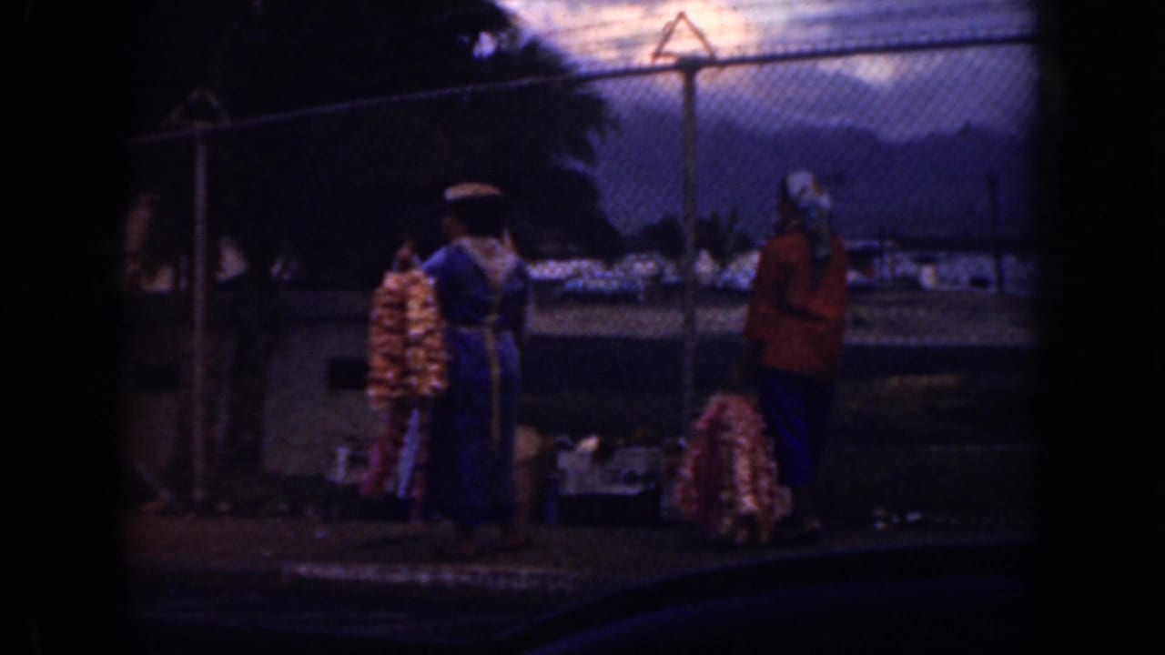 1959 Oahu home-movie frame showing two women by a chain-link fence, with colorful leis, palm foliage, distant mountains, and a dark car-window edge.