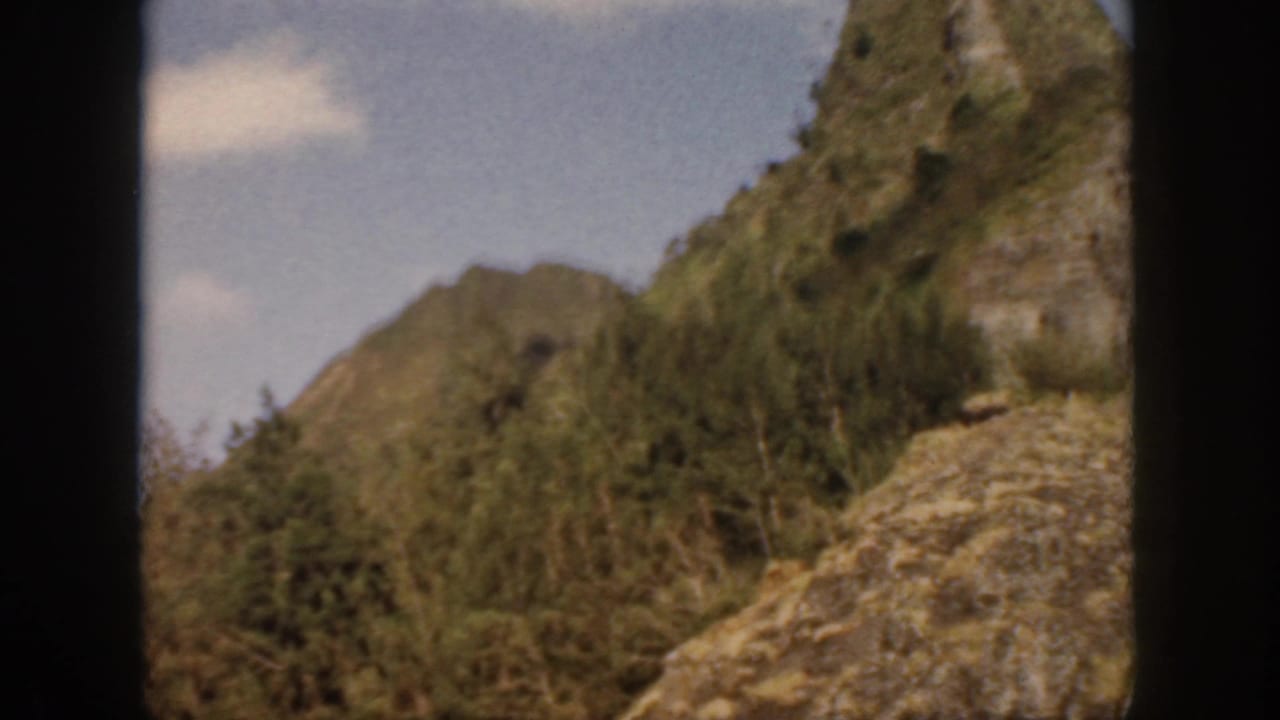 Oahu 1959 home-movie frame showing a closer view of dense foliage, rock faces, and a steep mountain slope.