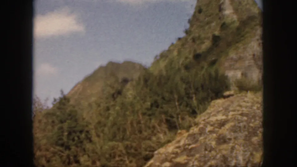 Oahu 1959 home-movie frame showing a closer view of dense foliage, rock faces, and a steep mountain slope.