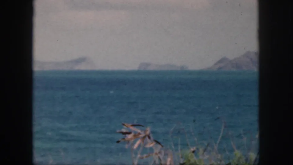 1959 Oahu coastal frame showing blue ocean, multiple distant rocky landforms, pale sky, and shoreline plants in the foreground.
