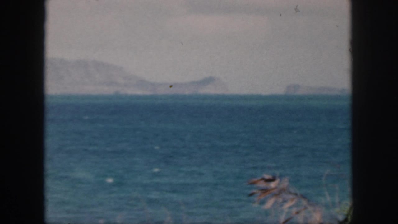 Open blue water and distant mountain ridge with dark frame edges and dry reeds in front.