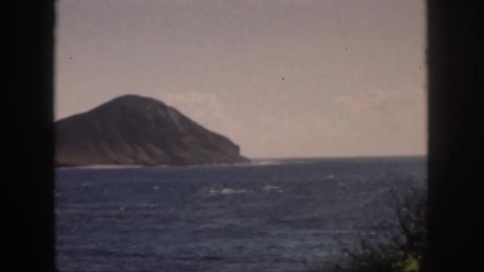 A conical offshore landform near Oahu appears across dark blue water, with a pale sky and sparse foreground vegetation.