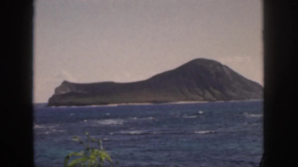 1959 Oahu home-movie still of an offshore volcanic coastline across the ocean, with dark vertical framing and small plants in the foreground.