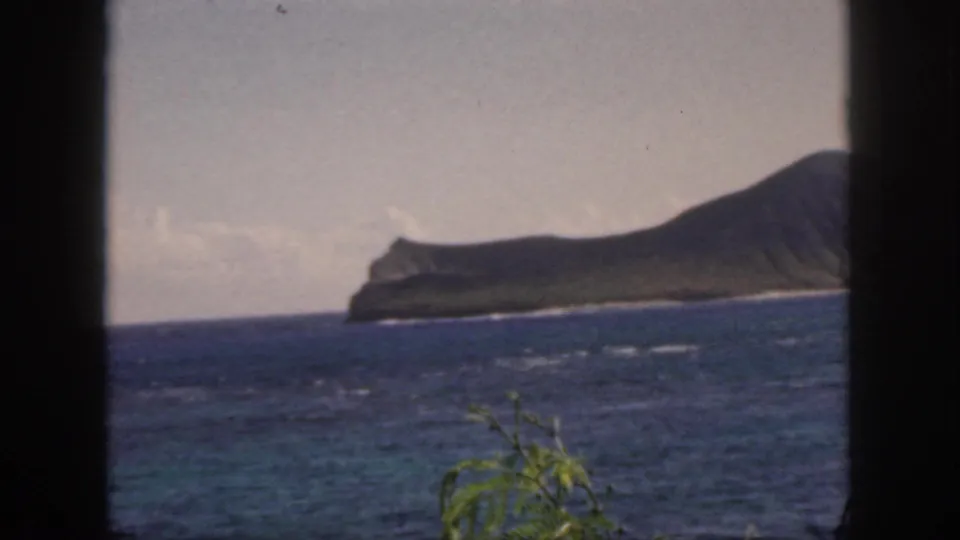 1959 Oahu home-movie frame with a slightly tilted ocean horizon, rough water, distant green coastal landform, and foliage moving in the foreground.