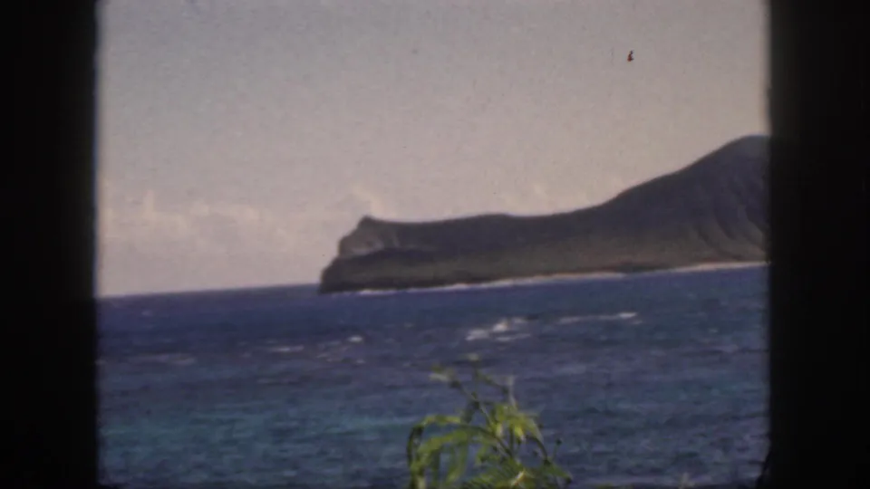 1959 Oahu 8mm frame showing a distant green headland, rough blue ocean with whitecaps, pale sky, and windblown foreground foliage.