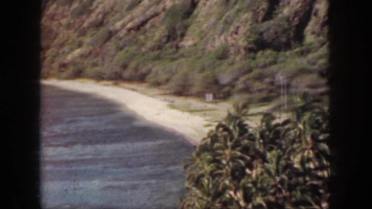 1959 Oahu 8mm frame showing a sandy cove below rocky slopes, with palms in the foreground and blue reef water along the shore.