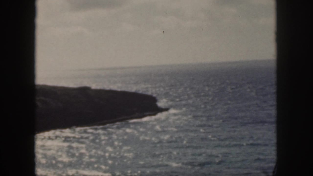Rocky headland extends into bright ocean water under a pale sky.