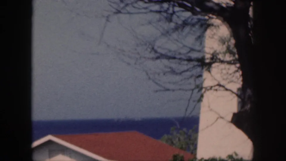 1959 Oahu home-movie frame with soft focus on a coastal roofline, pale vertical structure, branches, and blue water.